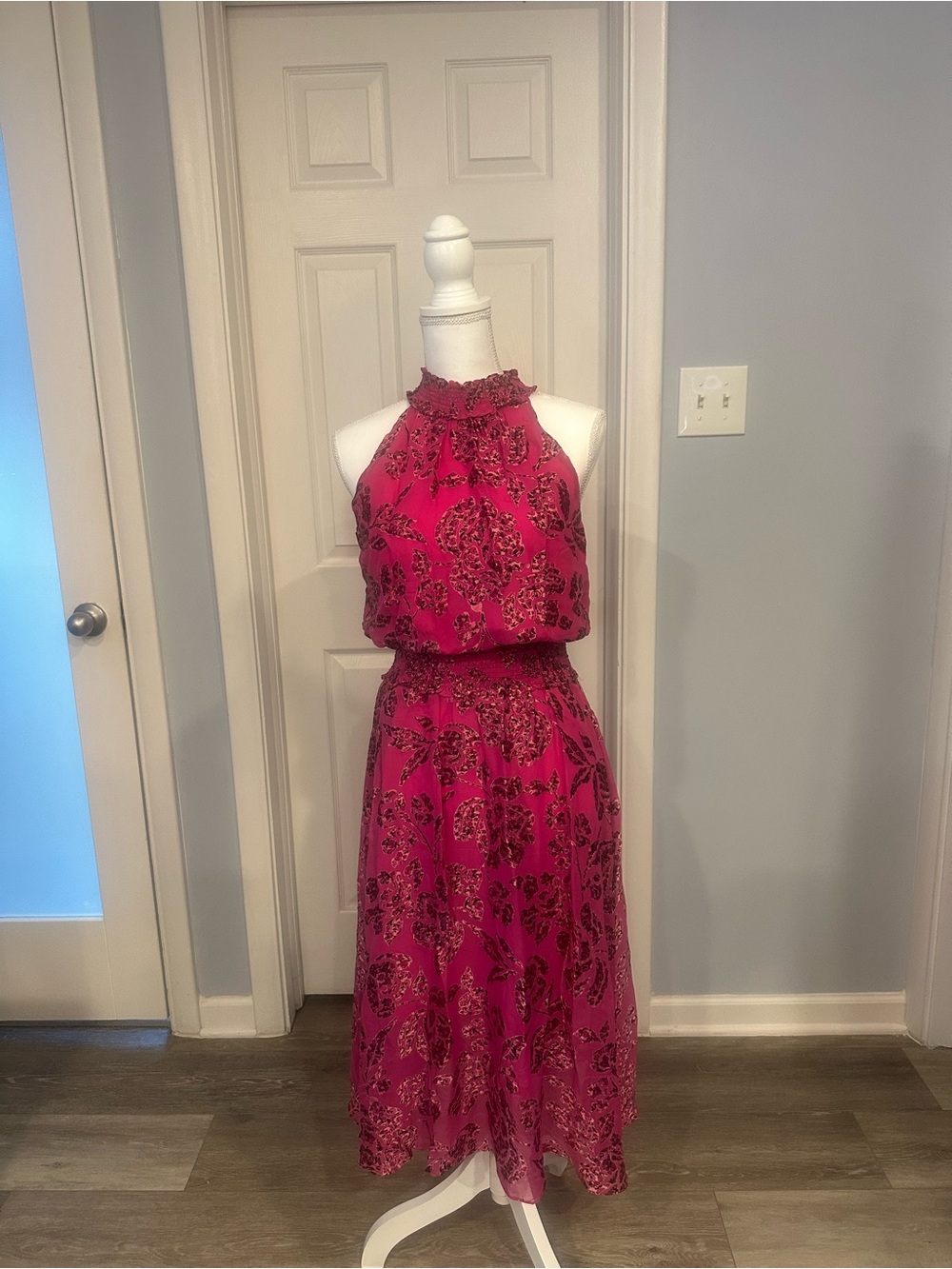 White House Black Market Fuchsia Halter Midi Dress with Floral Medallion Print